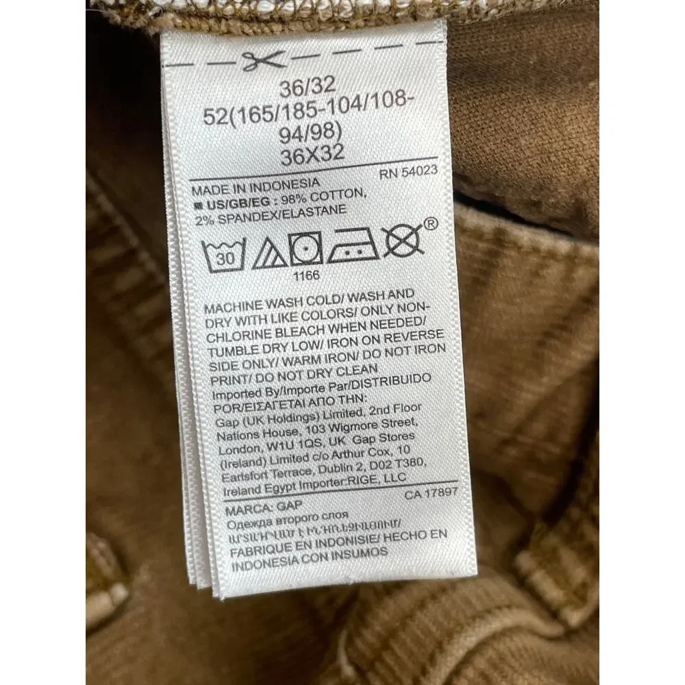 Gap Pants Mens 36 x 32‎ Brown Corduroy Cotton Blend Stretch Skinny